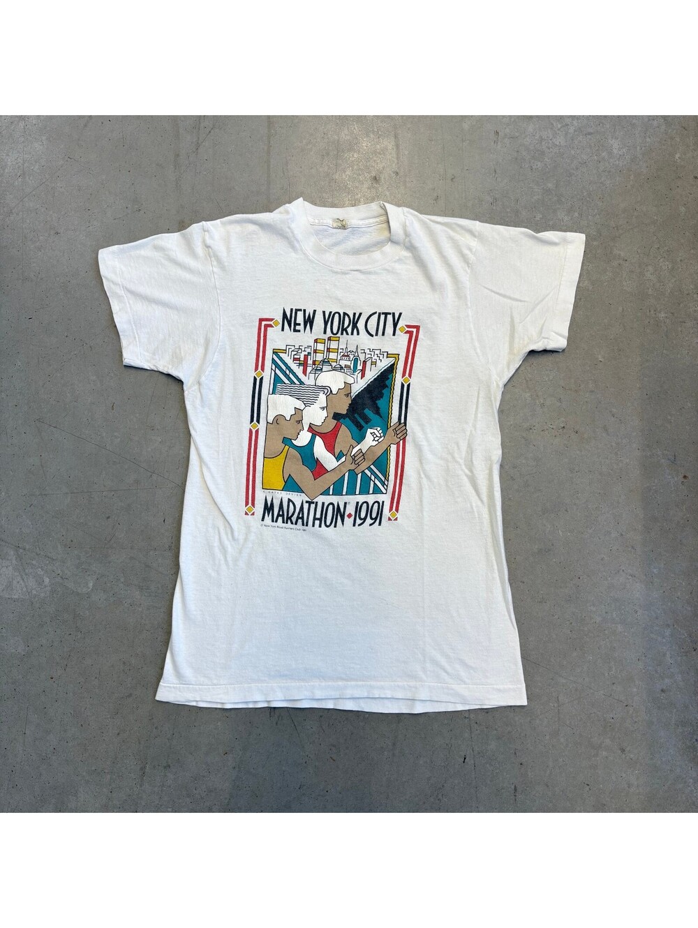 Vintage 1991 New York City Marathon Illustrated Graphic T-Shirt Small White